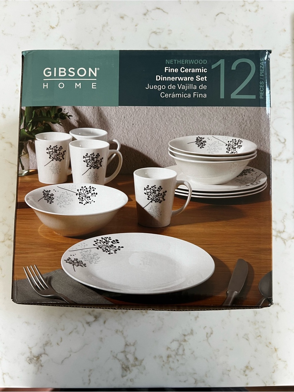 Gibson White Dinnerware Set with Black Floral Accents